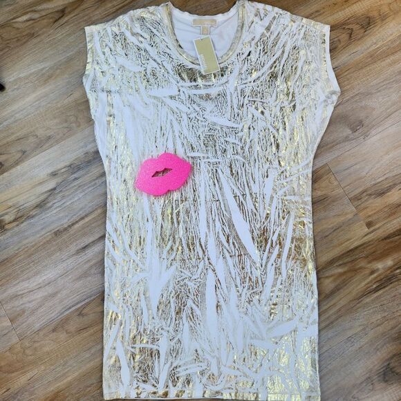 🔸️NWT Michael Kors Metallic Gold & Cream Dress Small - Picture 1 of 11